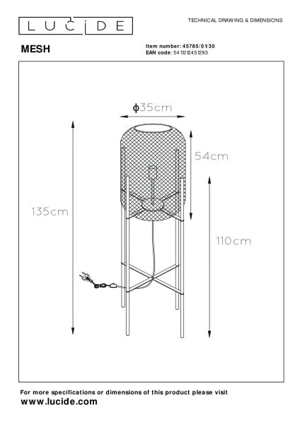 Lucide MESH - Floor lamp - Ø 35 cm - 1xE27 - Black - technical